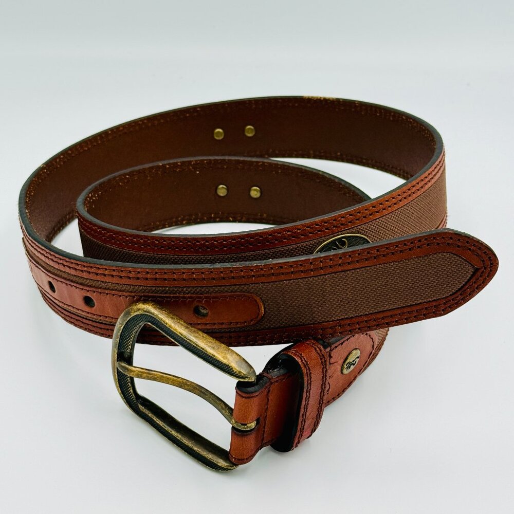 BROWNING Leather Belt 20020/20 40/100 heavy buckle web inset casual to dress EUC